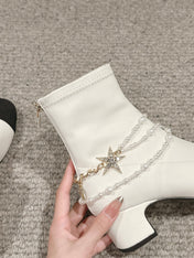 CC LOW CUT BOOTS IN WHITE STRETCH LAMBSKIN AND GROSGRAIN WITH PEARL CHAIN