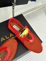 ALAIA MARY JANE SHOES IN CHERRY RED MESH WITH GOLD HARDWARE