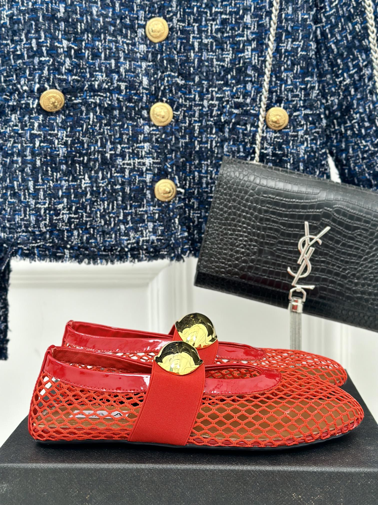 ALAIA MARY JANE SHOES IN CHERRY RED MESH WITH GOLD HARDWARE