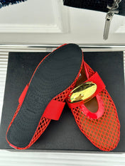 ALAIA MARY JANE SHOES IN CHERRY RED MESH WITH GOLD HARDWARE