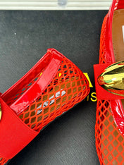 ALAIA MARY JANE SHOES IN CHERRY RED MESH WITH GOLD HARDWARE