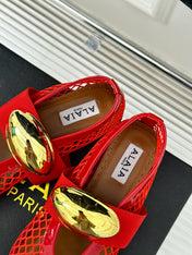 ALAIA MARY JANE SHOES IN CHERRY RED MESH WITH GOLD HARDWARE