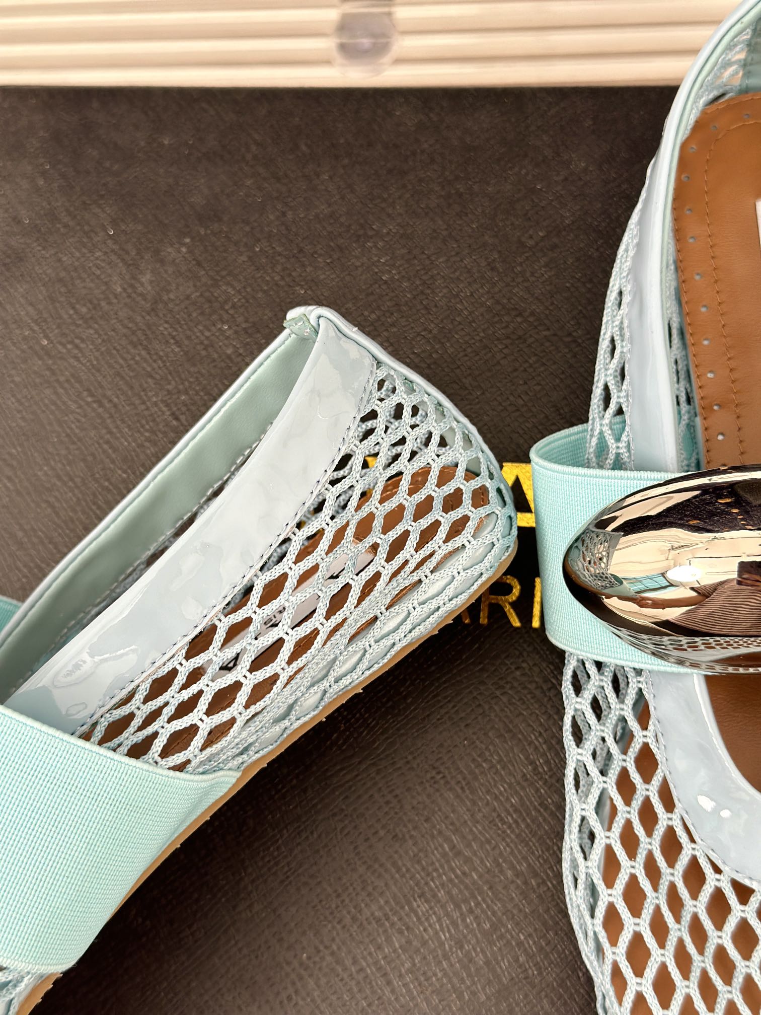 ALAIA MARY JANE SHOES IN SKY BLUE MESH WITH SILVER HARDWARE