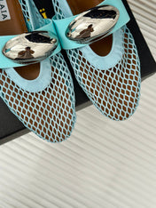 ALAIA MARY JANE SHOES IN SKY BLUE MESH WITH SILVER HARDWARE