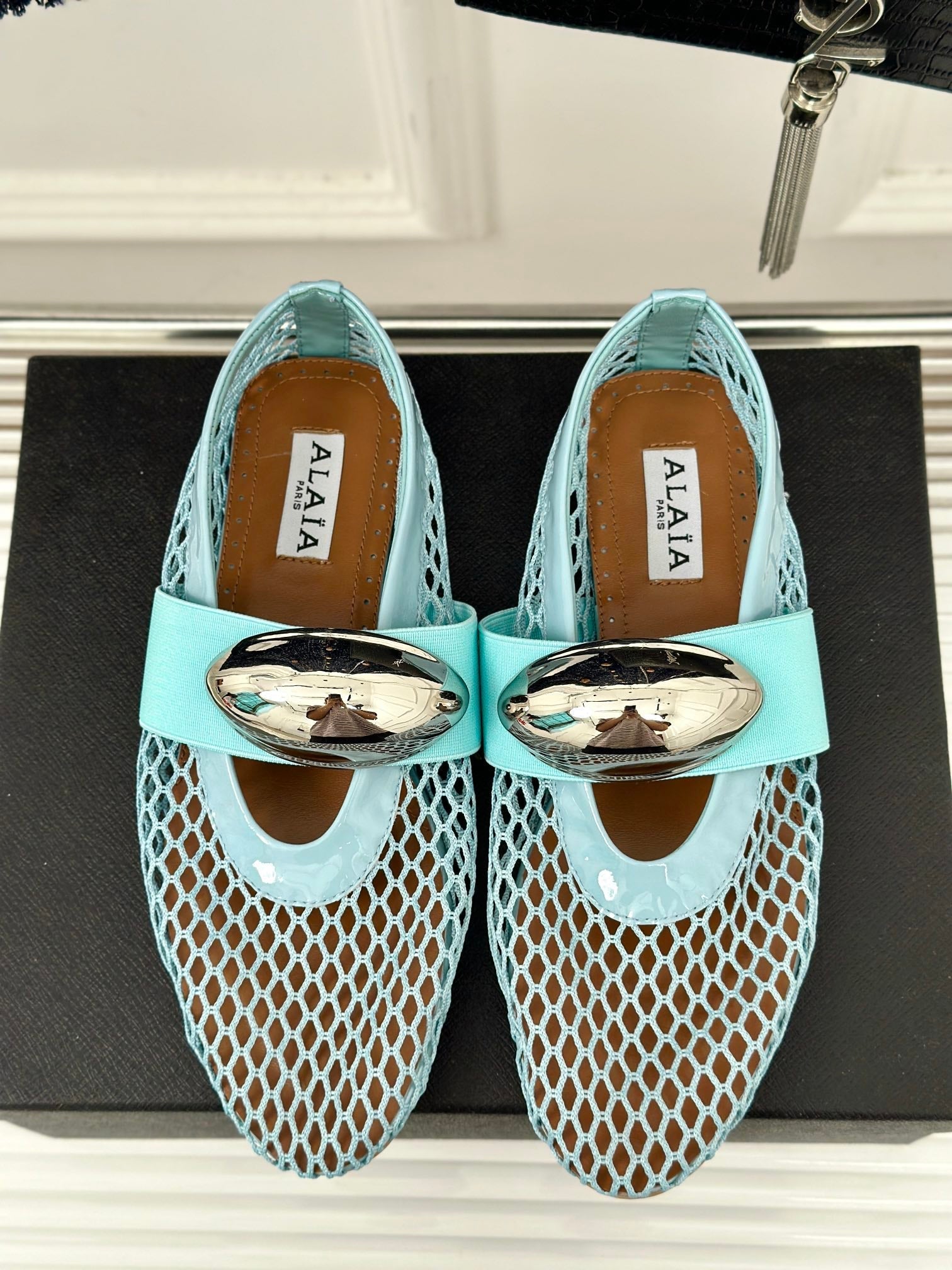 ALAIA MARY JANE SHOES IN SKY BLUE MESH WITH SILVER HARDWARE