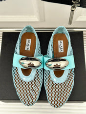 ALAIA MARY JANE SHOES IN SKY BLUE MESH WITH SILVER HARDWARE