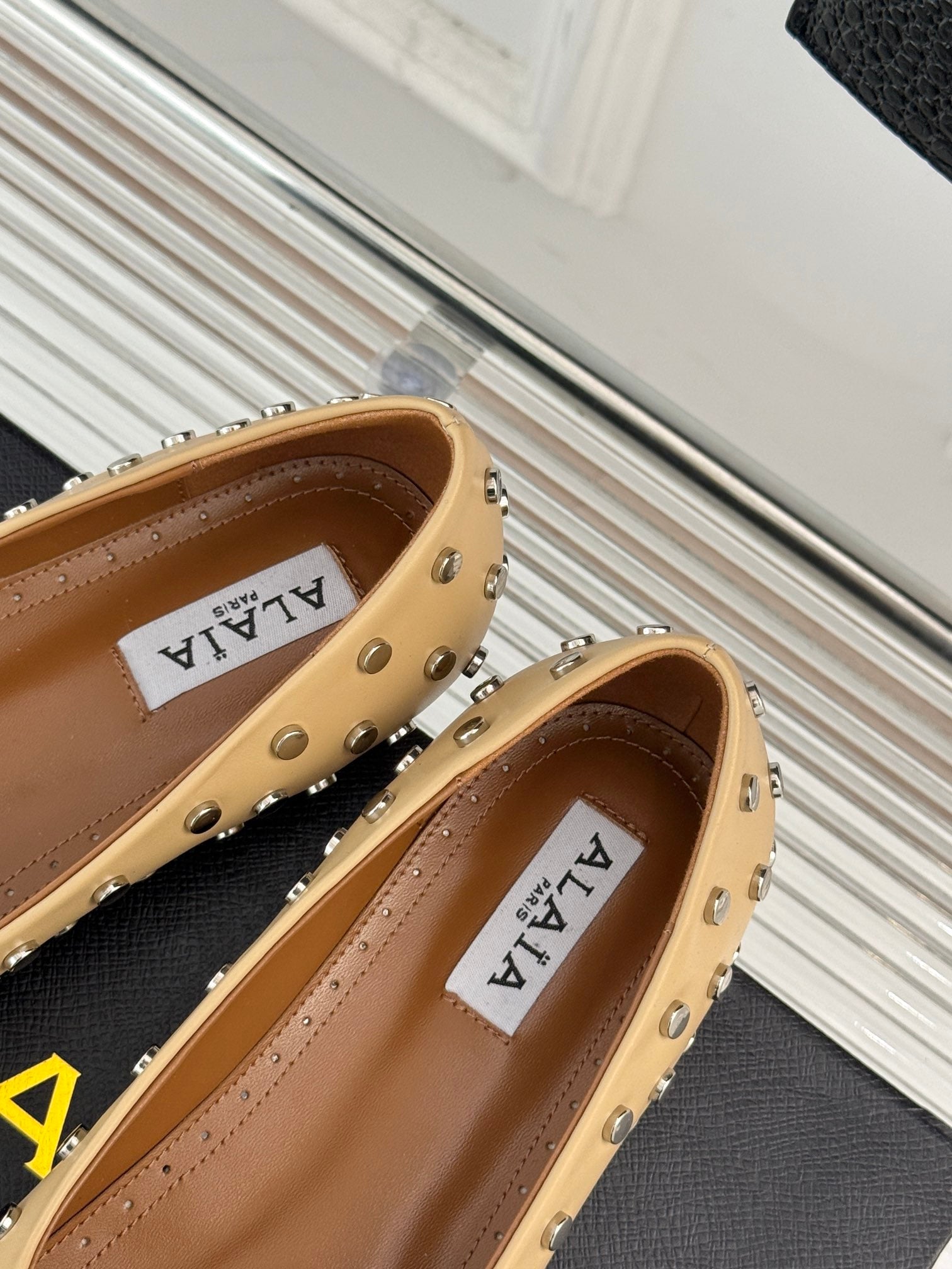 STUD-EMBELLISHED BALLET FLATS IN SEPIA TAN CALFSKIN