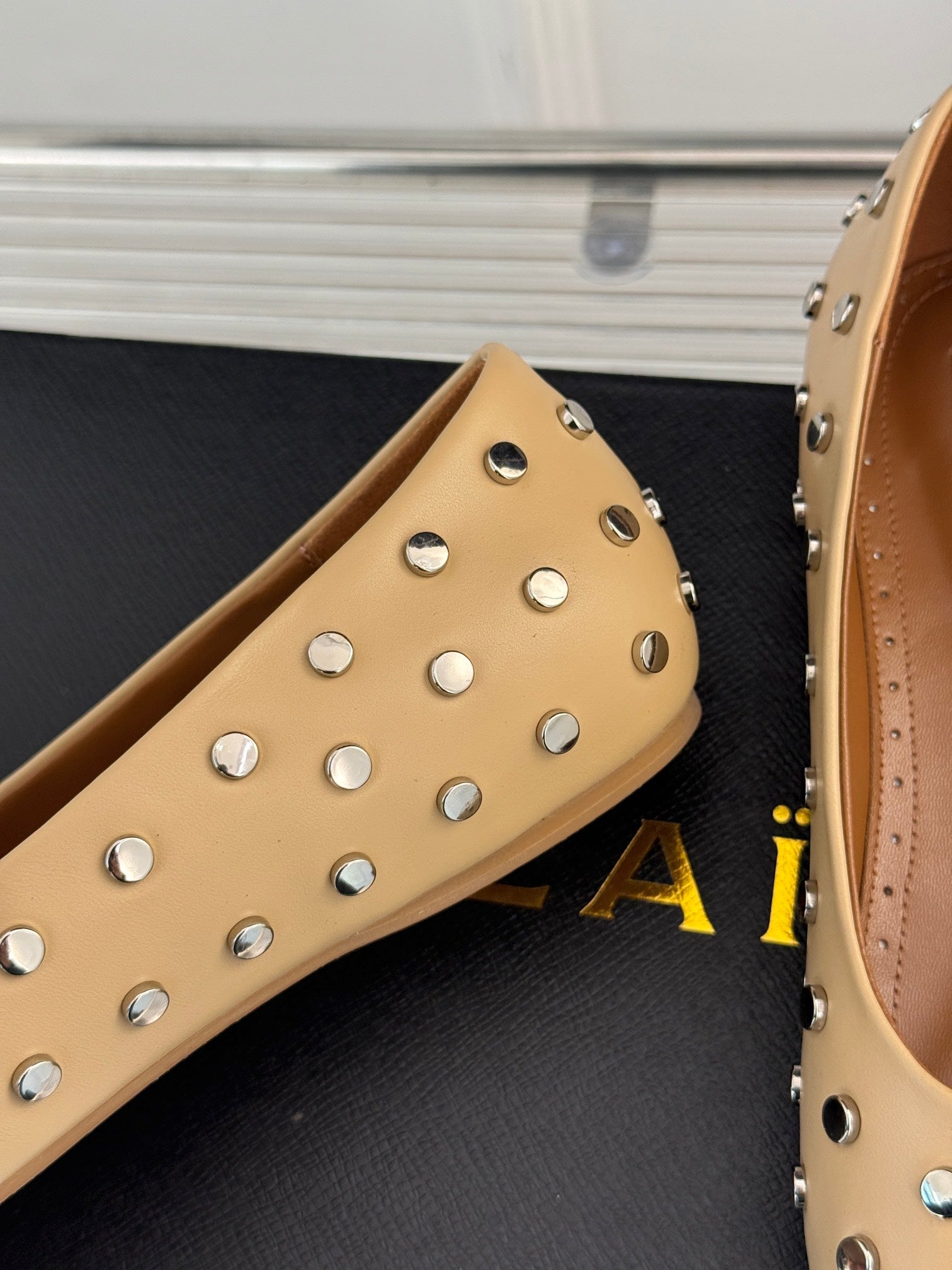 STUD-EMBELLISHED BALLET FLATS IN SEPIA TAN CALFSKIN