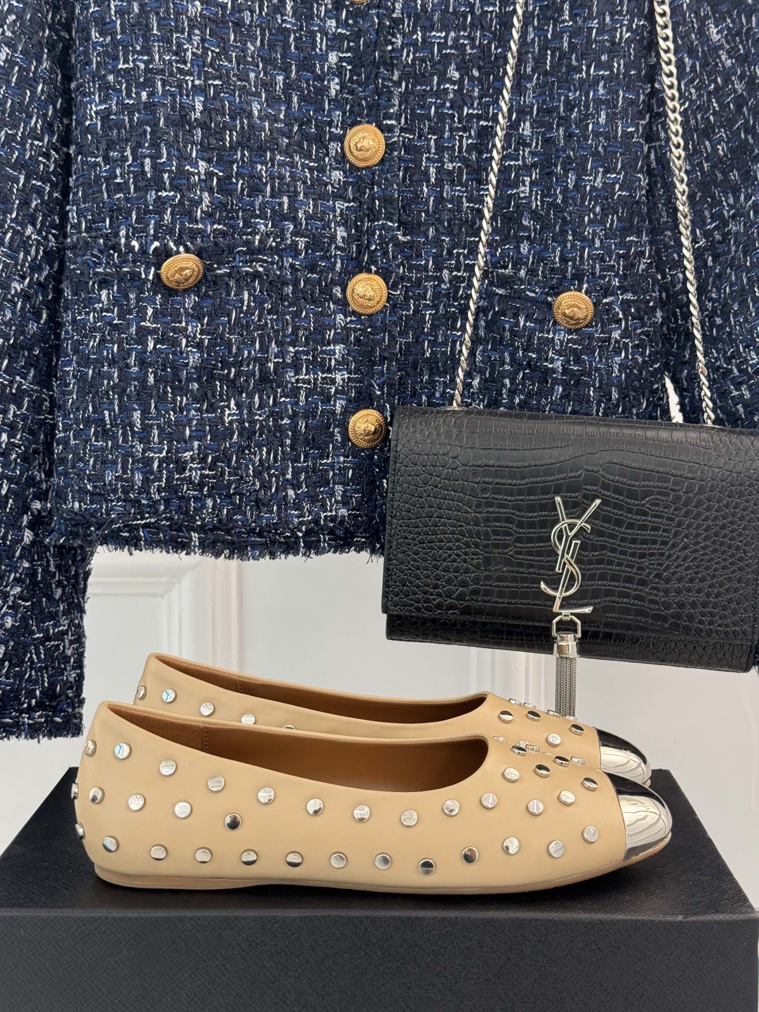 STUD-EMBELLISHED BALLET FLATS IN SEPIA TAN CALFSKIN