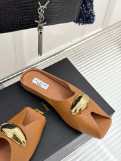 ALAIA FLAT MULE IN BRONZE BROWN LAMBSKIN WITH GOLD HARDWARE