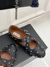 CROSSED STRAP BALLET FLATS IN BLACK CALFSKIN