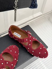 CROSSED STRAP BALLET FLATS IN BERRY RED SUEDE