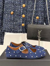 CROSSED STRAP BALLET FLATS IN NAVY BLUE SUEDE