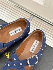 CROSSED STRAP BALLET FLATS IN NAVY BLUE SUEDE