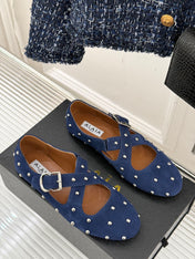 CROSSED STRAP BALLET FLATS IN NAVY BLUE SUEDE