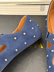 CROSSED STRAP BALLET FLATS IN NAVY BLUE SUEDE