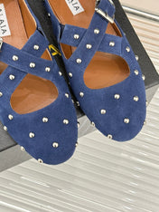 CROSSED STRAP BALLET FLATS IN NAVY BLUE SUEDE