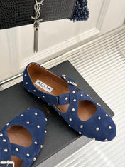 CROSSED STRAP BALLET FLATS IN NAVY BLUE SUEDE