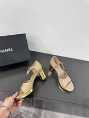 BLOCK HEEL SANDALS BEIGE SHEEPSKIN