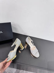 BLOCK HEEL SANDALS WHITE POLKA DOT SHEEPSKIN