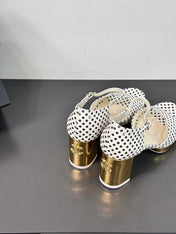 BLOCK HEEL SANDALS WHITE POLKA DOT SHEEPSKIN