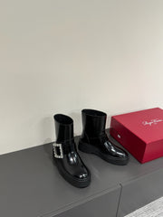 VIV' RANGERS CHELSEA ANKLE BOOTS IN BLACK CALFSKIN WITH SILVER CRYSTAL BUCKLE