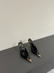 BLACK GEM-STUDDED SLINGBACK PUMPS IN BLACK PATENT CALFSKIN