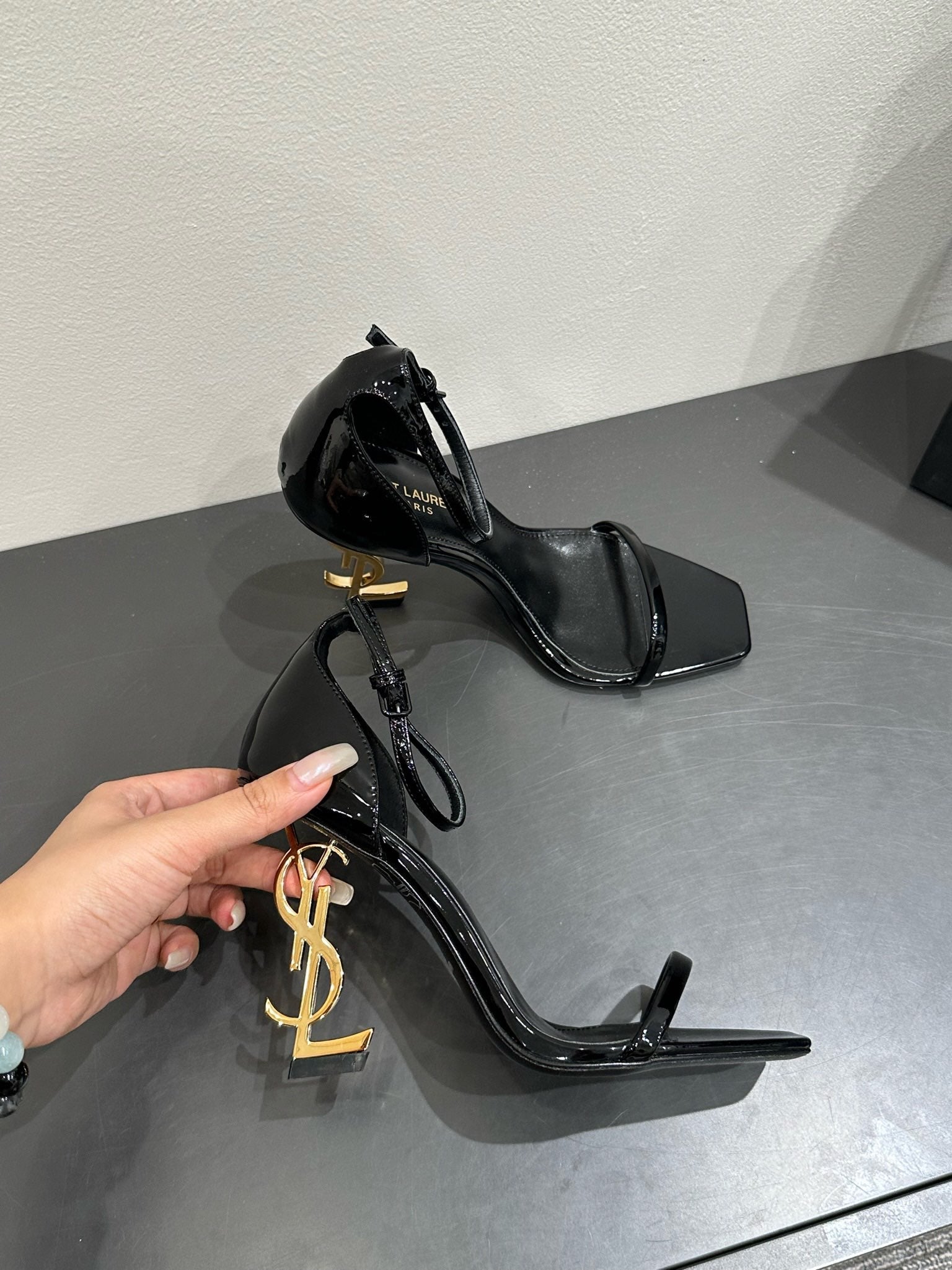 YSL HEELED SANDALS 25S 105 MM IN BLACK GLOSSY LAMBSKIN WITH GOLD HARDWARE