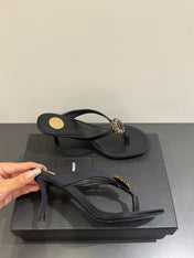 YSL HEELED THONG SANDALS 25S IN BLACK SATIN WITH CRYSTAL