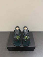 YSL HEELED THONG SANDALS 25S IN DARK ARMY GREEN SATIN WITH CRYSTAL