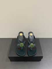 YSL HEELED THONG SANDALS 25S IN DARK ARMY GREEN SATIN WITH CRYSTAL