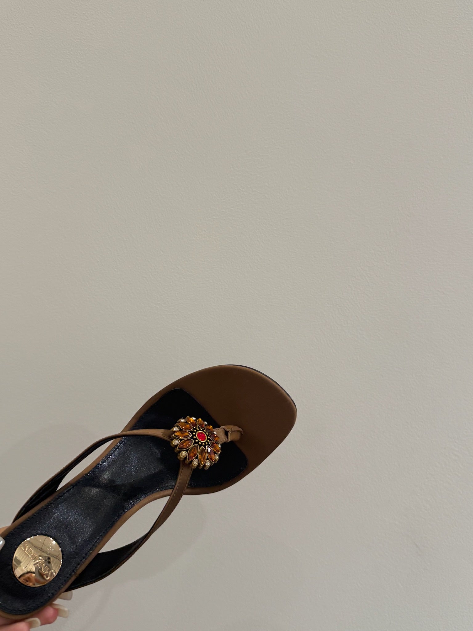YSL HEELED THONG SANDALS 25S IN BROWN SATIN WITH CRYSTAL