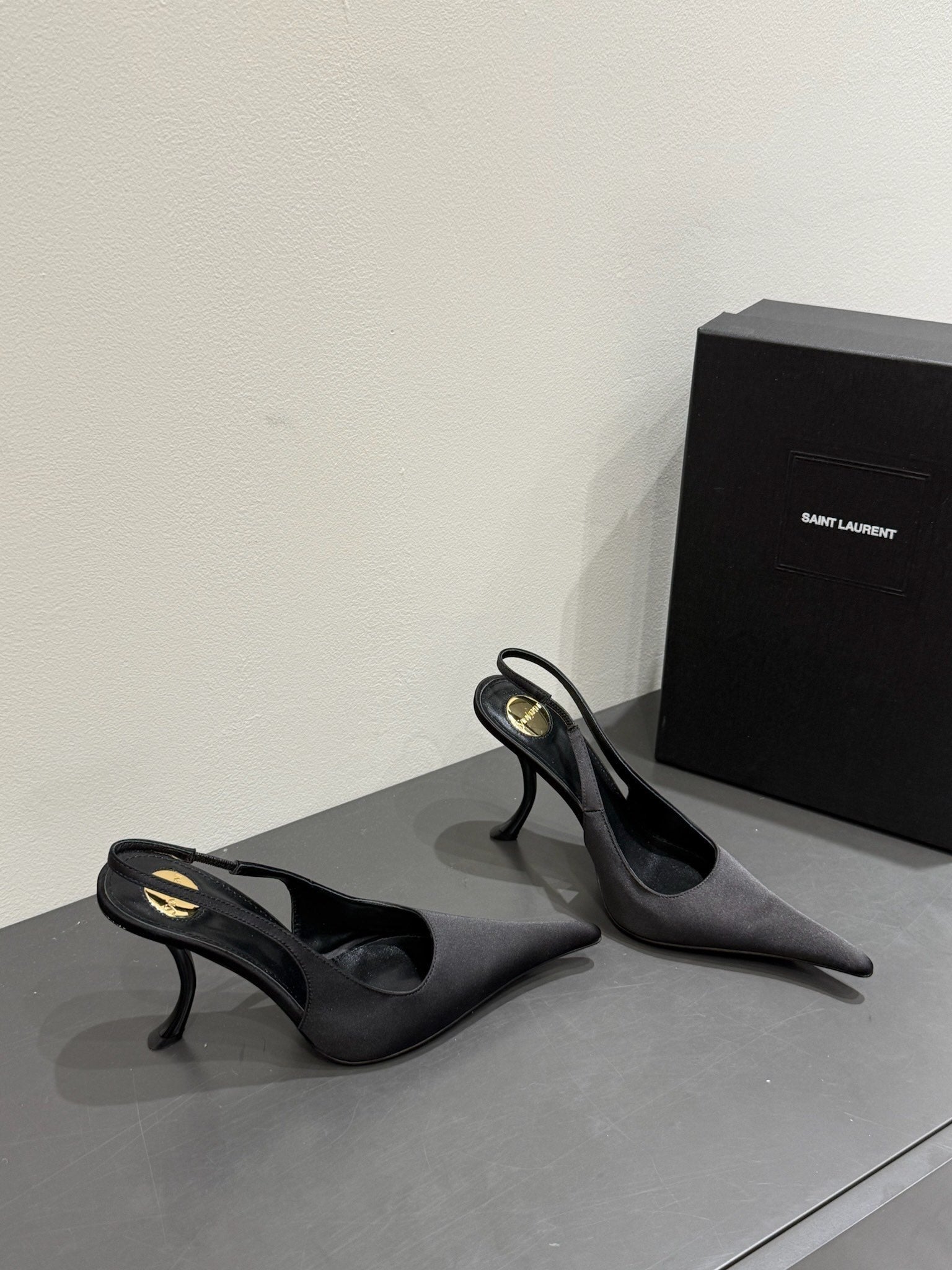 YSL HIGH SLINGBACK 25S IN BLACK SATIN