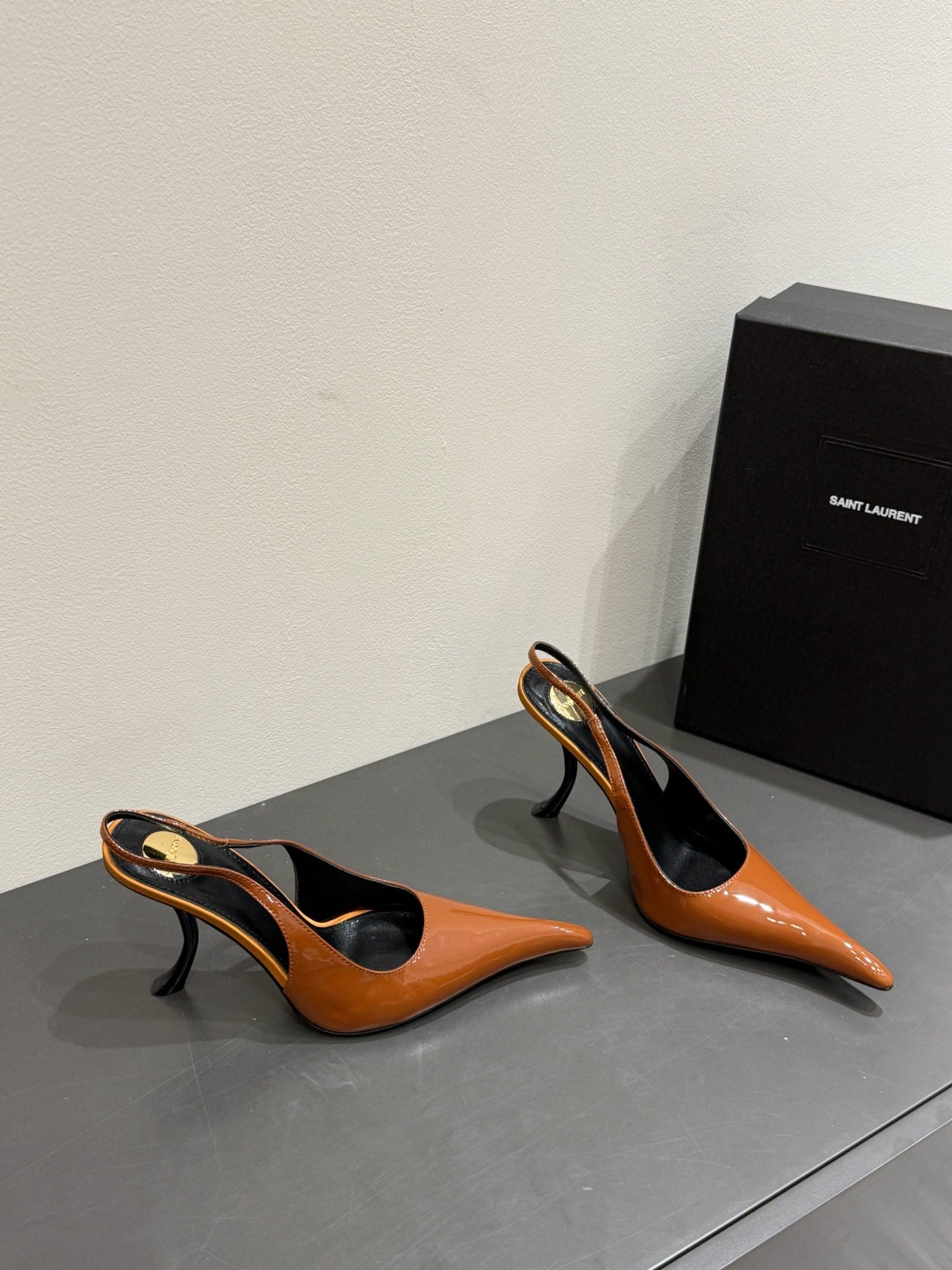 YSL HIGH SLINGBACK 25S IN BURNT ORANGE GLOSSY LAMBSKIN