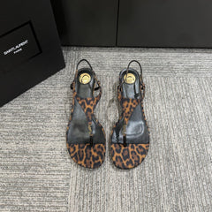 YSL WEDGE THONG SANDALS 25S IN LEOPARD LAMBSKIN WITH GOLD HARDWARE