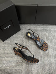 YSL WEDGE THONG SANDALS 25S IN LEOPARD LAMBSKIN WITH GOLD HARDWARE