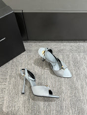 YSL HEELED SANDALS 25S 100 MM IN LIGHT SLATE BLUE LAMBSKIN