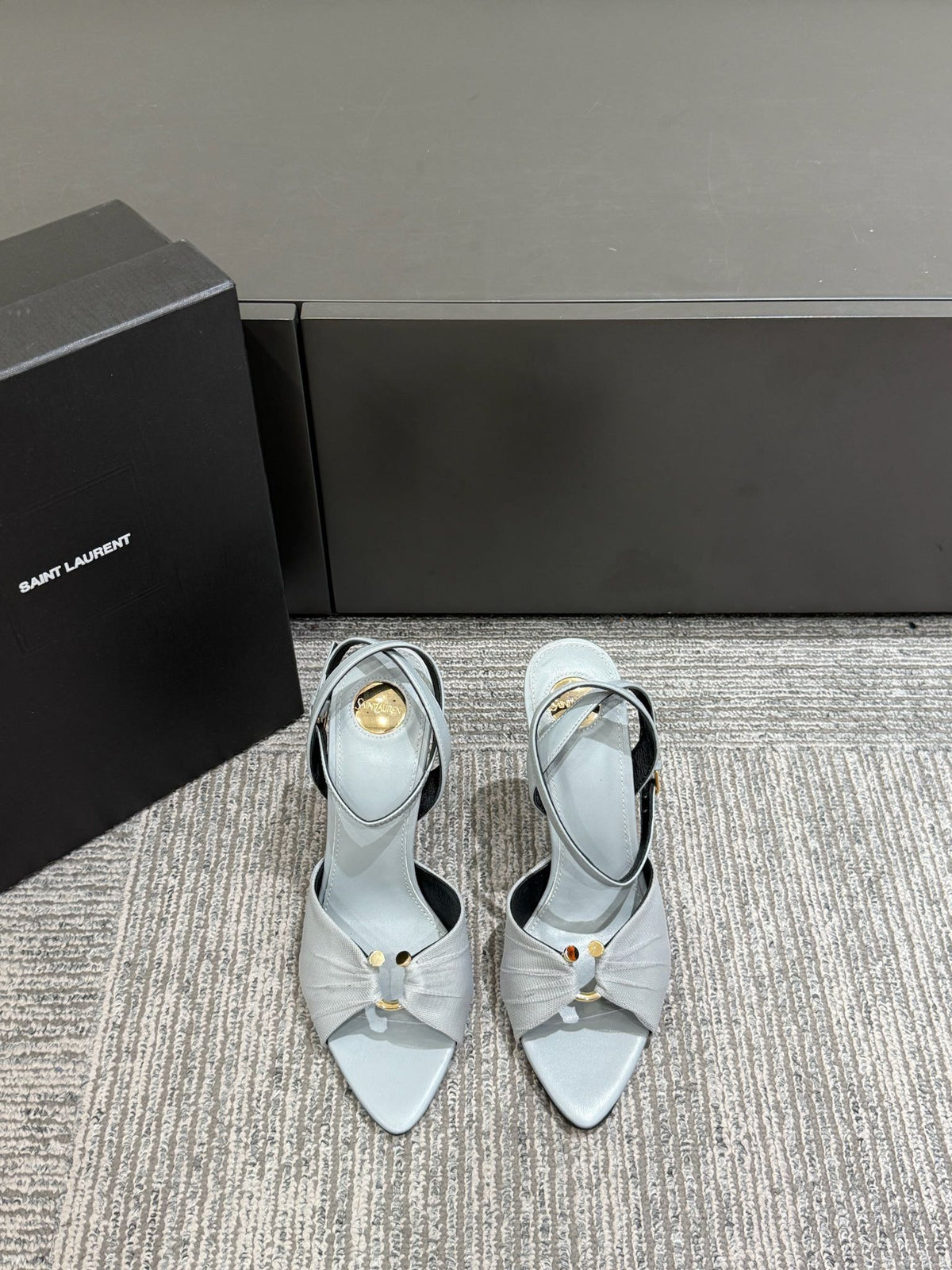 YSL HEELED SANDALS 25S 100 MM IN LIGHT SLATE BLUE LAMBSKIN