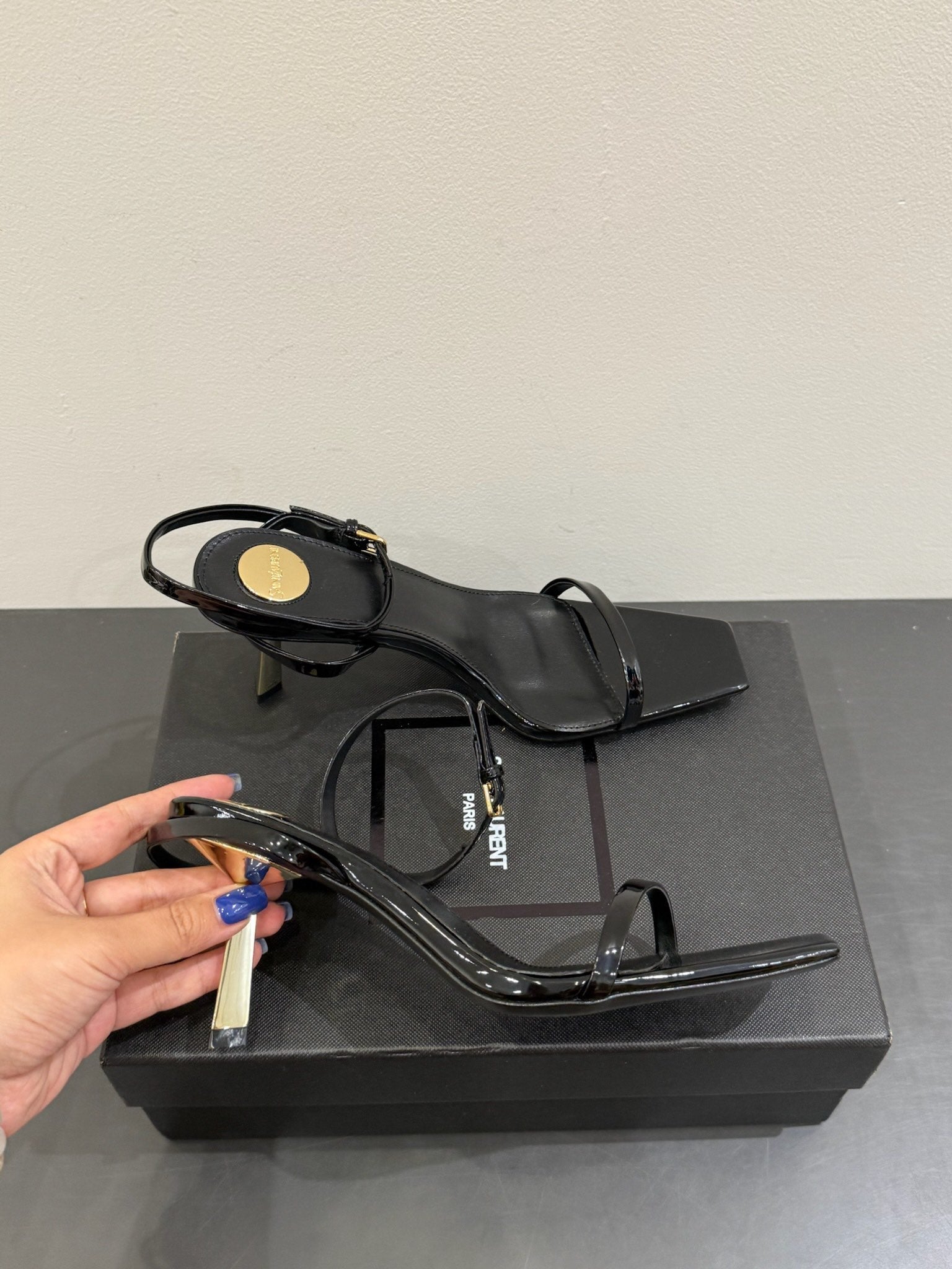 YSL KITTEN HEEL SANDALS 25S IN BLACK GLOSSY LAMBSKIN