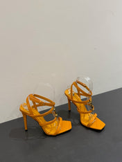 YSL SINGLE-STRAP HEELED SANDALS 25S IN DARK ORANGE LAMBSKIN