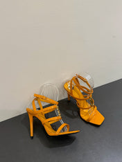 YSL SINGLE-STRAP HEELED SANDALS 25S IN DARK ORANGE LAMBSKIN