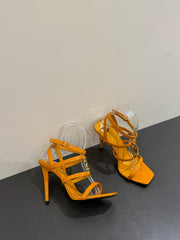 YSL SINGLE-STRAP HEELED SANDALS 25S IN DARK ORANGE LAMBSKIN