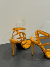 YSL SINGLE-STRAP HEELED SANDALS 25S IN DARK ORANGE LAMBSKIN