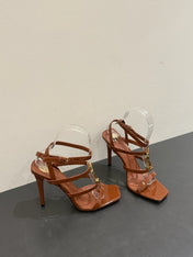 YSL SINGLE-STRAP HEELED SANDALS 25S IN BROWN LAMBSKIN