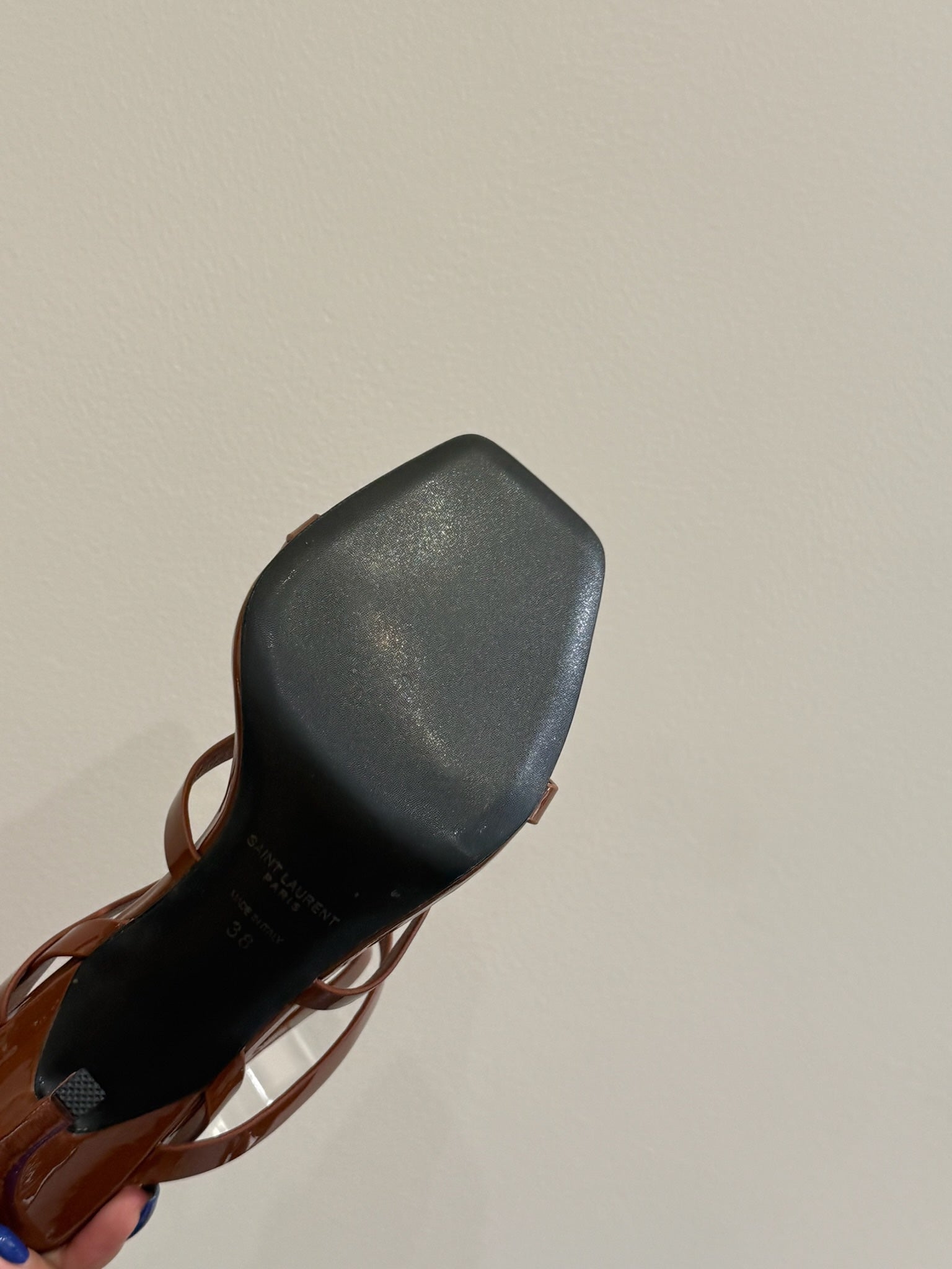 YSL SINGLE-STRAP HEELED SANDALS 25S IN BROWN LAMBSKIN