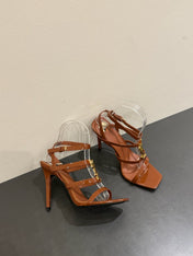 YSL SINGLE-STRAP HEELED SANDALS 25S IN BROWN LAMBSKIN