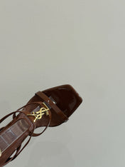 YSL SINGLE-STRAP HEELED SANDALS 25S IN BROWN LAMBSKIN