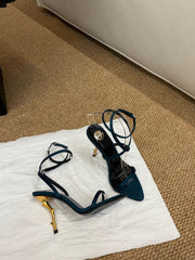 YSL HIGH HEEL SANDALS 25S IN DEEP SEA BLUE SATIN AND LAMBSKIN