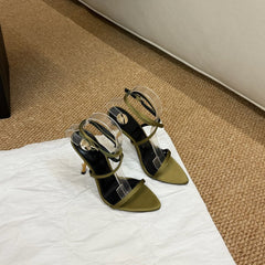 YSL HIGH HEEL SANDALS 25S IN MOSS GREEN SATIN AND LAMBSKIN