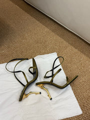 YSL HIGH HEEL SANDALS 25S IN MOSS GREEN SATIN AND LAMBSKIN